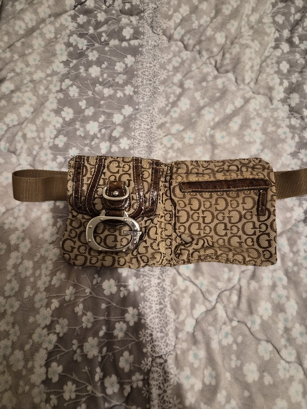 Guess Monogram Logo Belt Bag in Brown & Tan